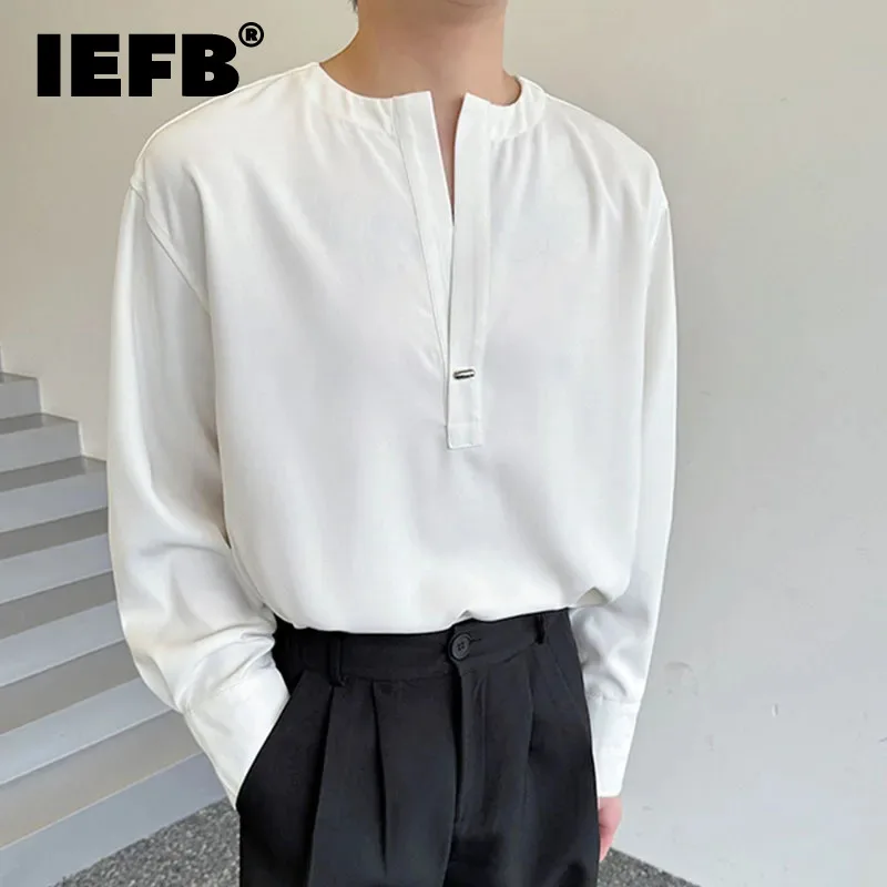 

IEFB Korean Simple Men's Shirt Collarless Male Solid Color Shirts New Stylish Metal Decoration Half Placket Long Sleeve Top 5276