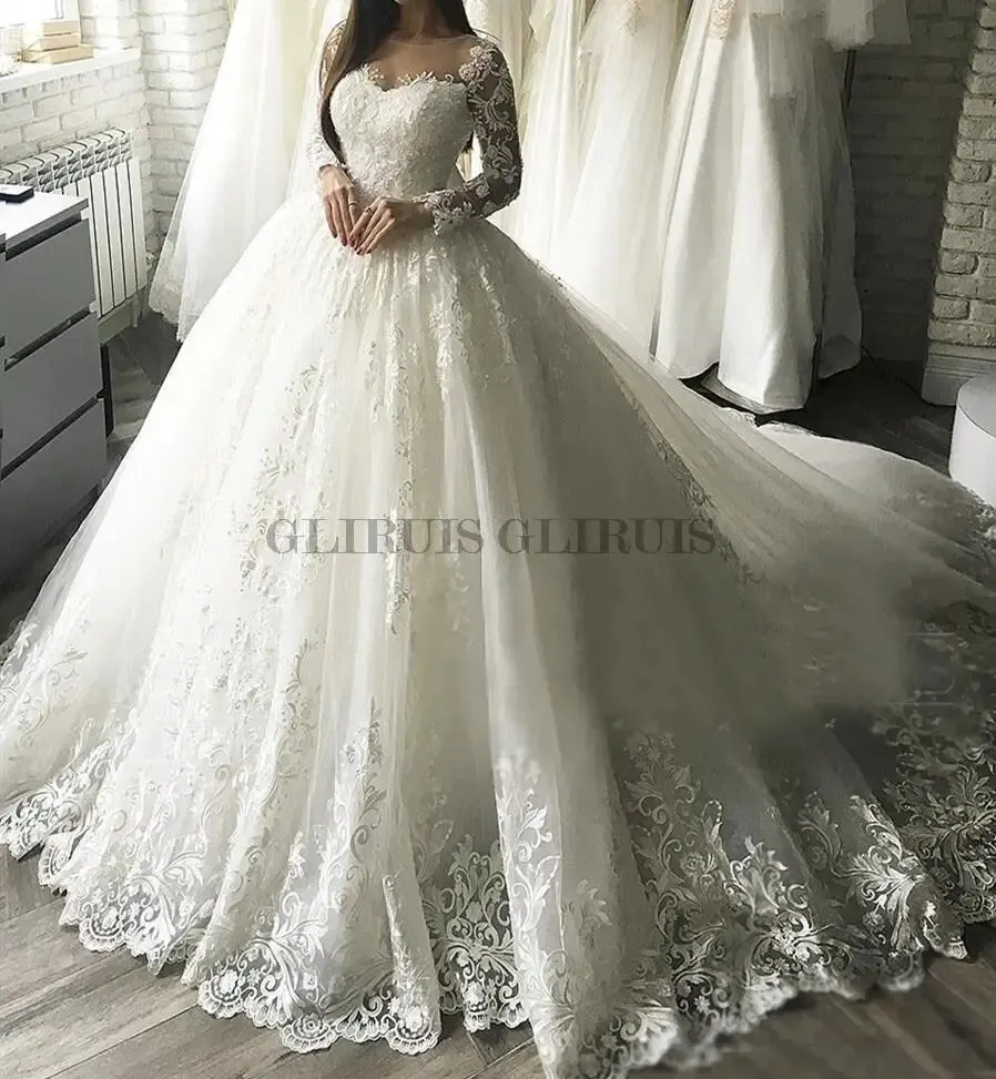 

Arabic Aso Ebi Long Sleeves Ball Gown Lace applique Wedding Dresses Bridal Gown vestido De Noiva Princess Bridal Dress