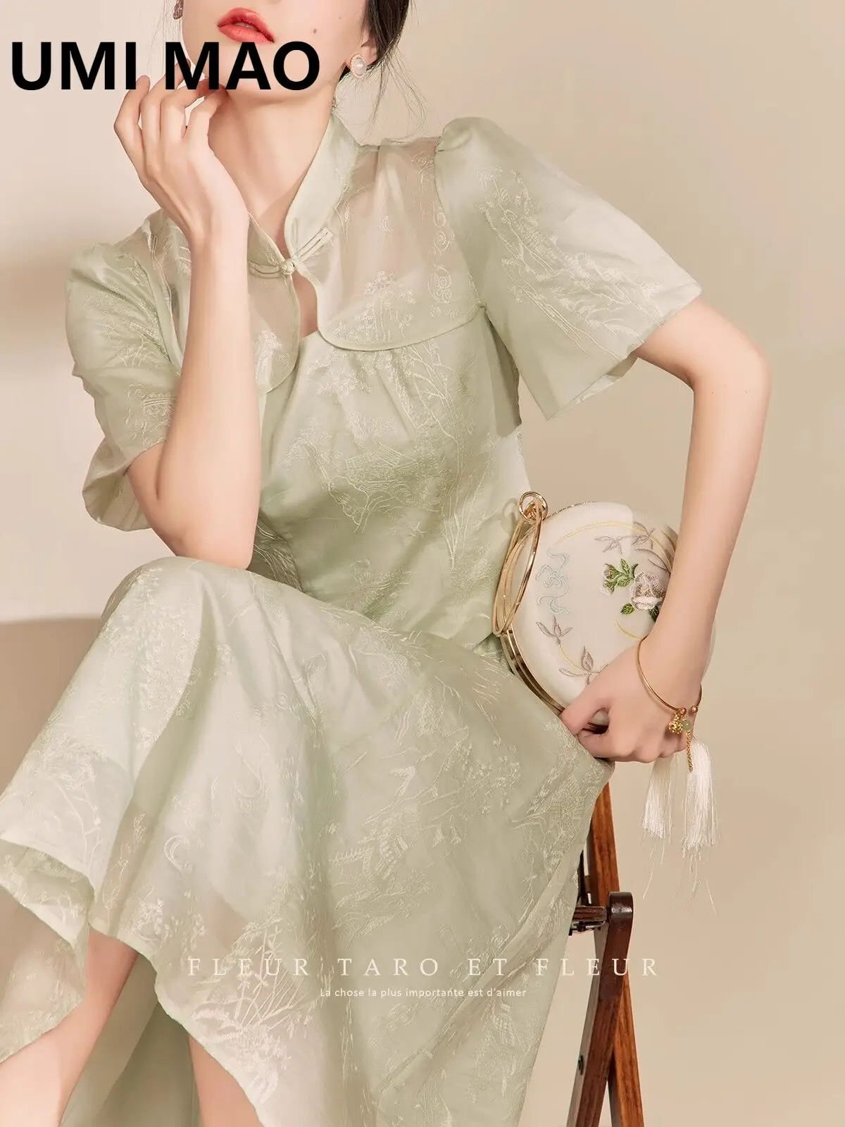 

UMI MAO New 2024 Dress Elegant Femme Summer Fresh Green Chinese Gentle Fashion High Grade Long Party Dress Women Y2K