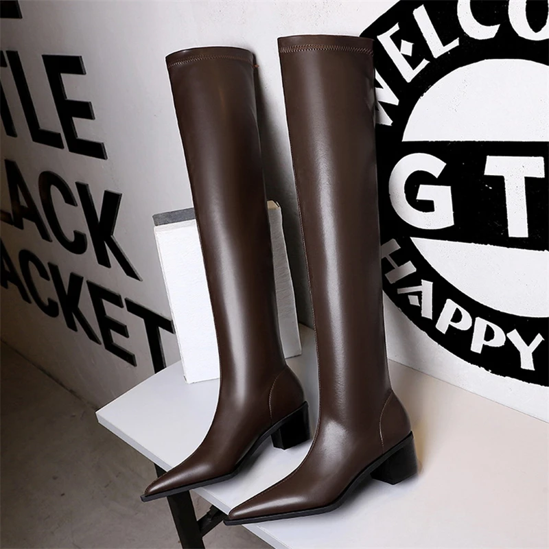 

BIGTREE New Soft Face Leather Boots Sexy Over The Knee Thick Heel Women Shoes Pointed Toe Long Boots Autumn Winter Shoes