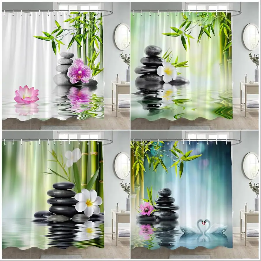 

Zen Green Bamboo Shower Curtain Black Stone Pink Lotus Orchid Flowers Swan Nature Scenery Cloth Home Bathroom Curtains Decor Set