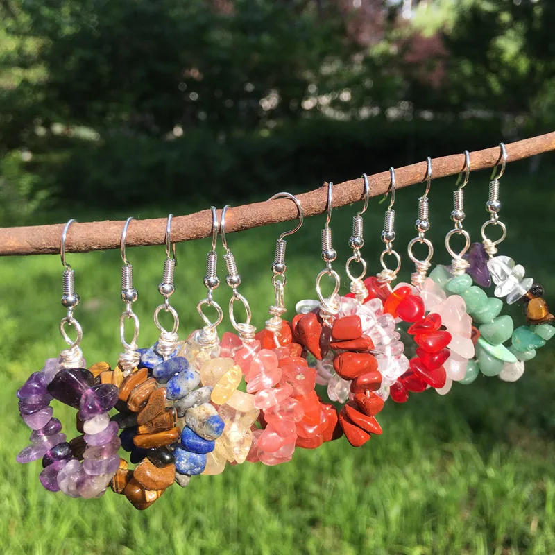 

Natural Crystal Stone Dangle Earrings Rubble Amethyst Lapis Lazuli Tiger's Eye Pink Quartz Chakra Bead Earring