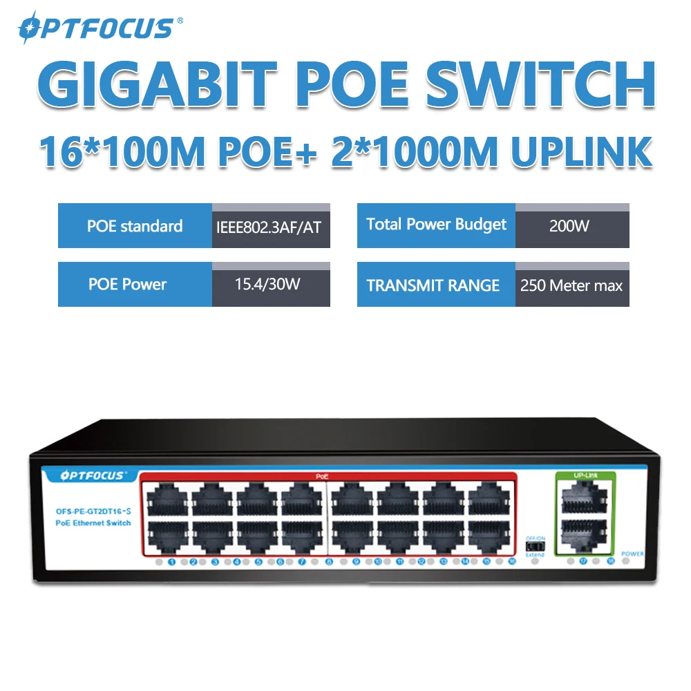 

OPTFOCUS 16 Ports POE Switch 52V 200W 802.3AF AT 10/100/1000Mbps PoE Network Switches 16 Portas PoE+ Gigabit Hub Switch