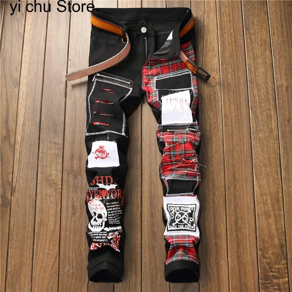 New Punk Skulls Jeans Plaid Patchwork Printed Denim Pants Streetwear Harajuku Fashion Black Slim Jeans Trousers
New Punk Skulls Jeans Plaid Patchwork Printed Denim Pants Streetwear Harajuku Fashion Black Slim Jeans Trousers