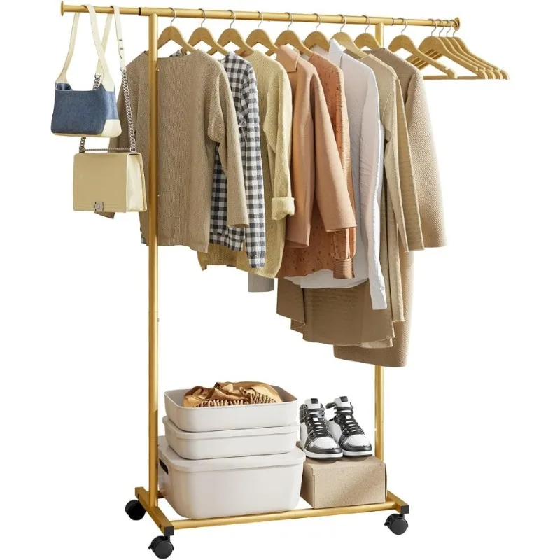 

Wheels Adjustable Clothing Racks for Hanging Clothes, Rolling Garment Rack with Shelf, Sturdy Closet Rack, Clothes Hanger Rack