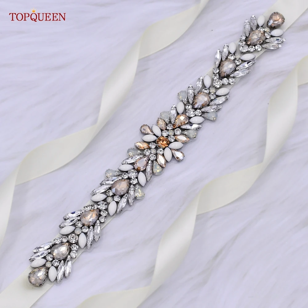 

TOPQUEEN S476-C Bridal Dress Belt Champagne Diamonds Rhinestone Opal Applique Women Sash Wedding Accessories Party Evening Gown