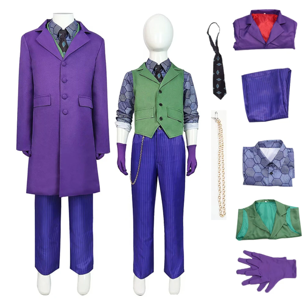 

Movie Dark Knight Joker Cosplay Costume Heath Ledger Joker Purple Uniform Mask Full Set Kids Adult Halloween Carnival Party