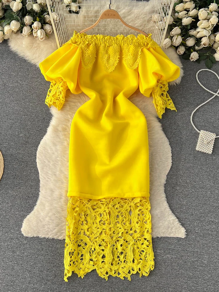 Women Spring Dress New Vintage Lace Panel Hollowed-out High-grade Feeling Bubble Sleeve Evening Dress Dress with Buttocks D2916
Women Spring Dress New Vintage Lace Panel Hollowed-out High-grade Feeling Bubble Sleeve Evening Dress Dress with Buttocks D2916