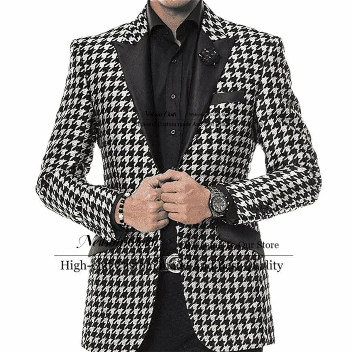 

Formal Houndstooth Male Prom Blazers Peaked Lapel Groom Wedding Tuxedos 2 Pcs Sets Black Pants Men Suits Slim Fit Costume Homme