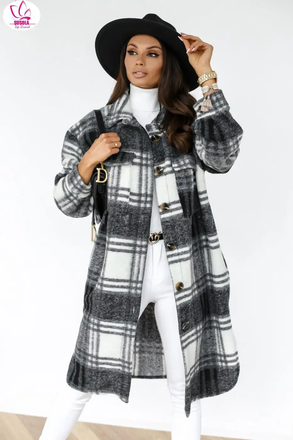 

Женское винтажное шерстяное пальто SUSOLA с лацканами и пуговицами, длинное клетчатое пальто с начесом, клетчатая рубашка, жакет