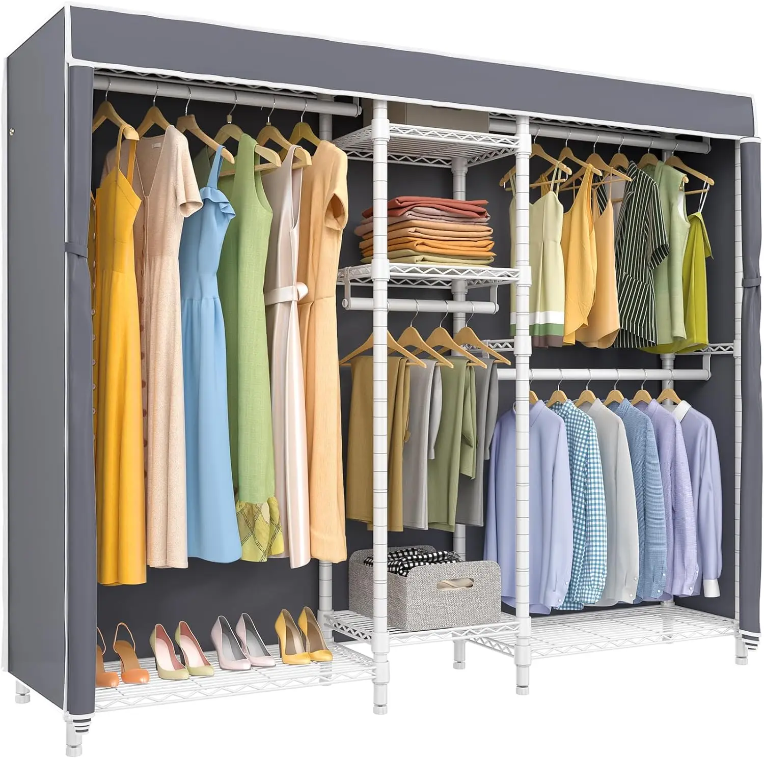 V6C Heavy Duty Covered Clothes Rack Portable Wardrobe Closet, 5 Tiers Wire Garment Rack White Metal Clothing Rack with Grey
V6C Heavy Duty Covered Clothes Rack Portable Wardrobe Closet, 5 Tiers Wire Garment Rack White Metal Clothing Rack with Grey