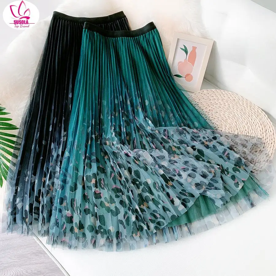 SUSOLA Vintage 3 Layers Mesh Long Skirt Women Lady New Autumn Fahsion Leapard Print A Line High Waist Pleated Skirt Female Green
SUSOLA Vintage 3 Layers Mesh Long Skirt Women Lady New Autumn Fahsion Leapard Print A Line High Waist Pleated Skirt Female Green