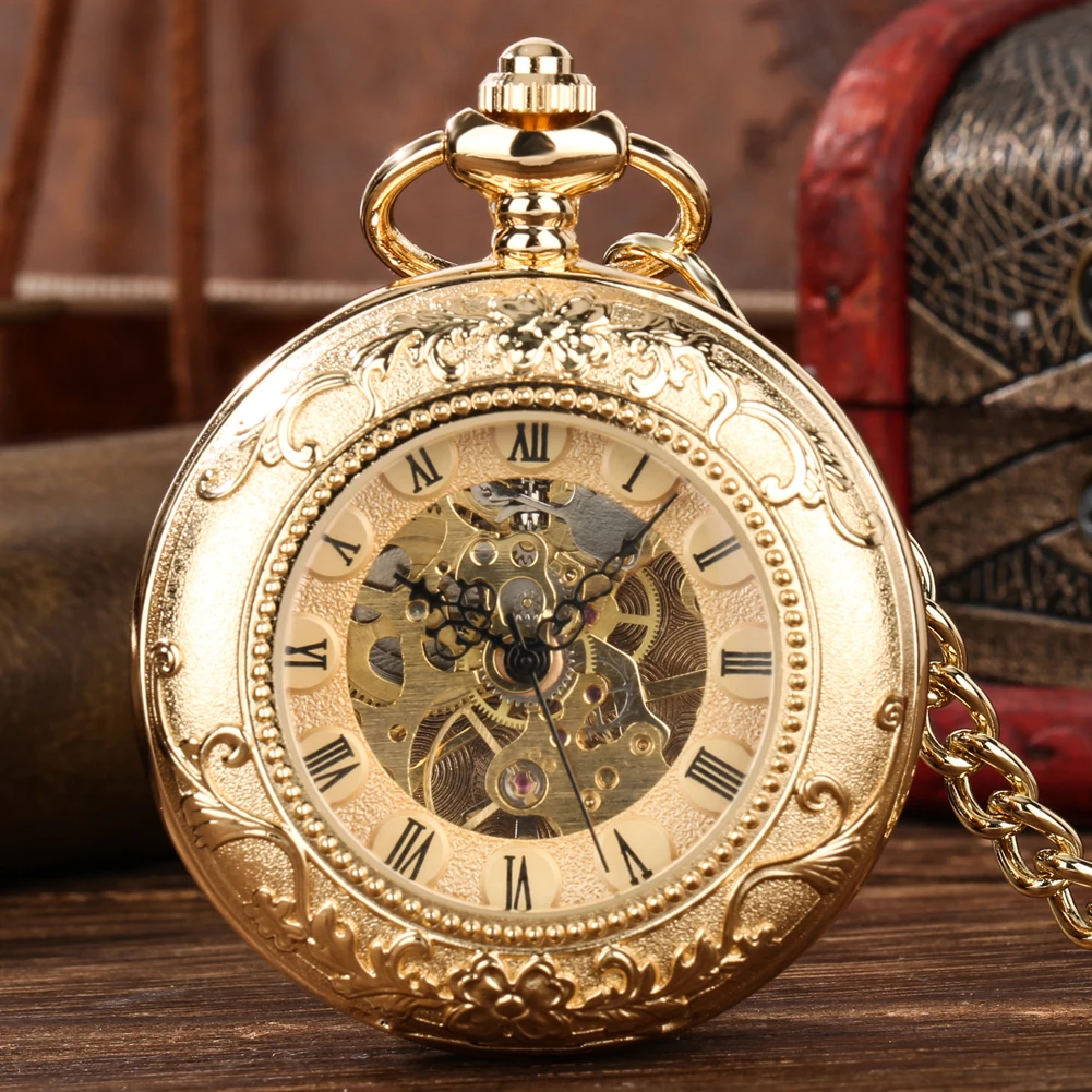 

Golden Vintage Roman Numerals Display Dial Mechanical Hand Winding Men's Pocket Watch Antique Gifts Pendant Chain Manual Clock
