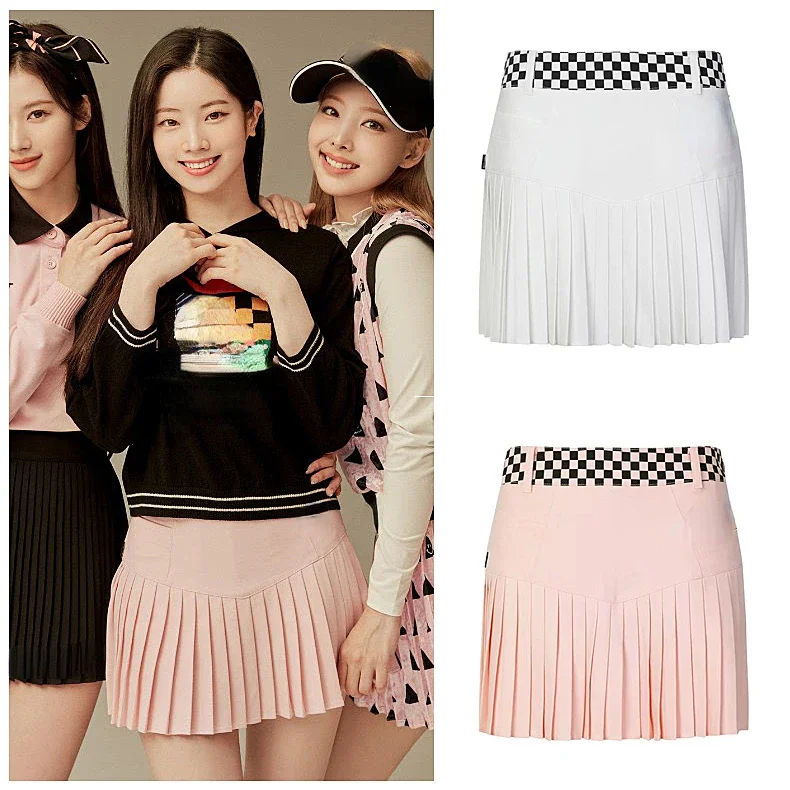 

Women's Golf Apparel Autumn and Winter New Contrast Checkerboard Pleated Skirt Decorated Waist Simple Skirt
