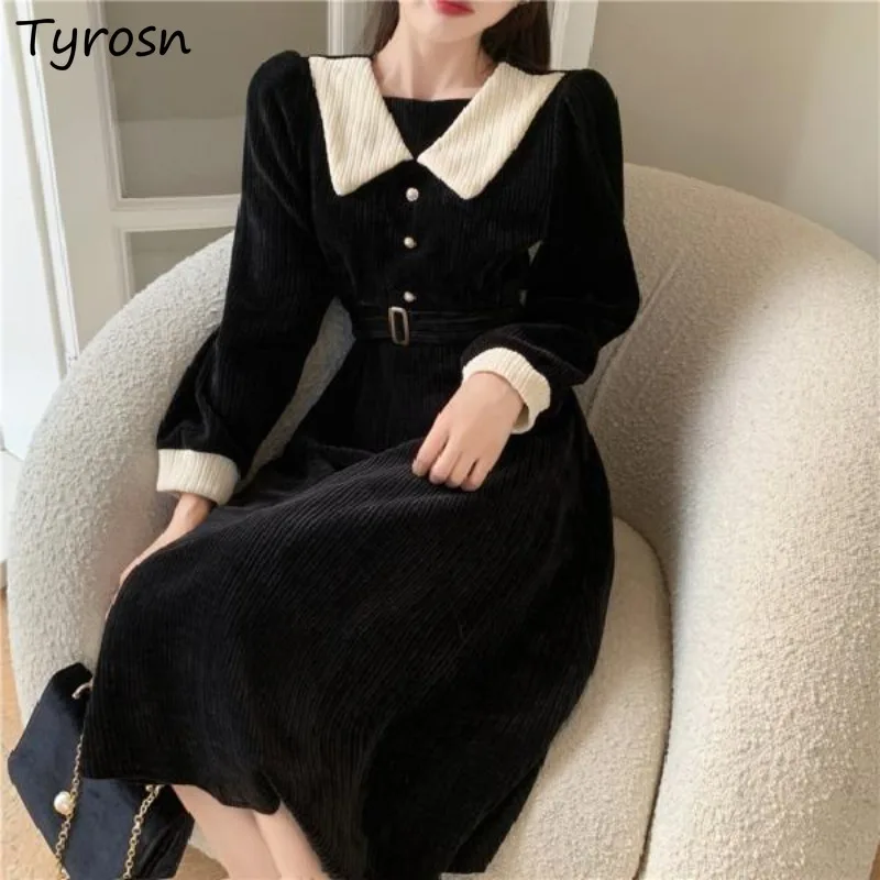 

Corduroy Midi Dresses Women Temper Autumn Panelled Casual French Style Aesthetic Cozy A-line Party Females New Vestidos De Mujer