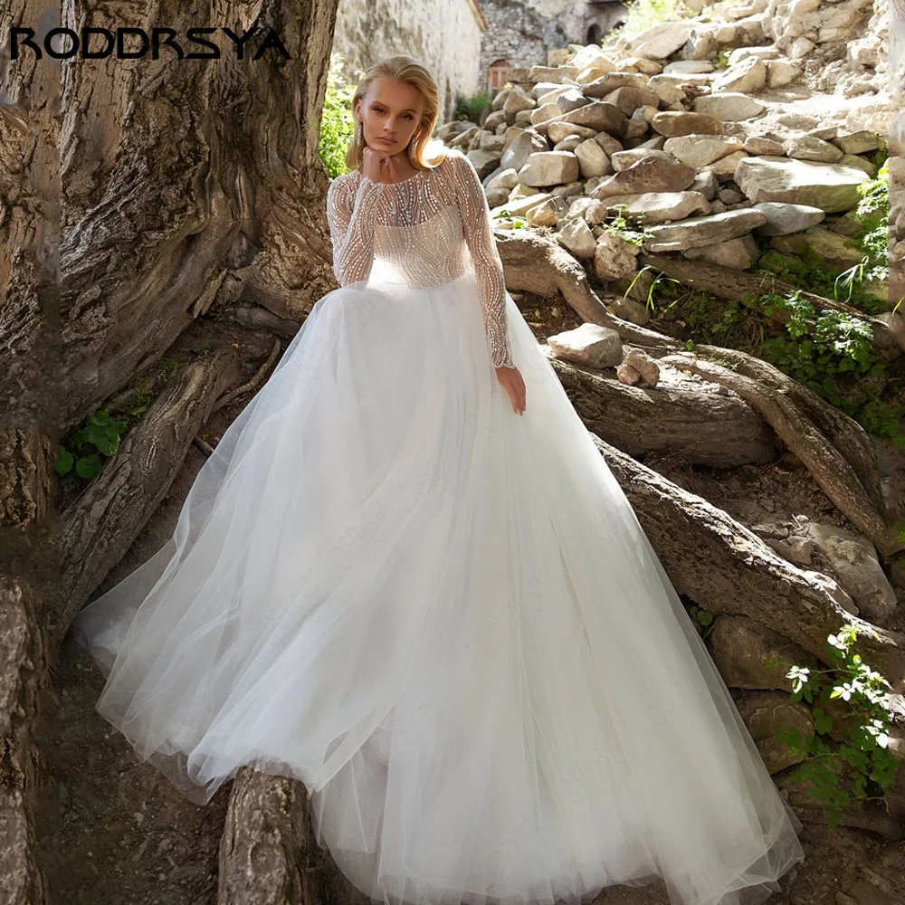 

RODDRSYA Exquisite Backless Wedding Dress Long Sleeves Sequin Tulle Bridal Gowns Scoop Neck A-Line Shiny Vestido De Novia