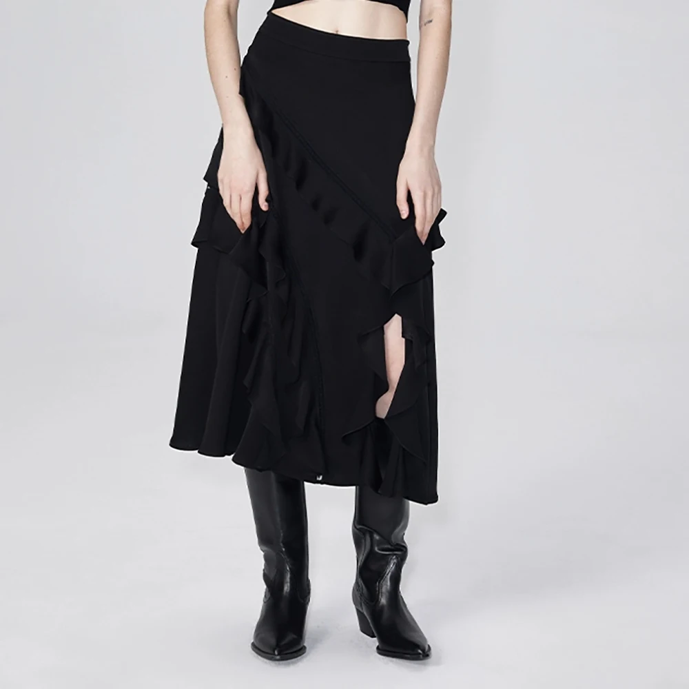 

2024 Summer New Women's Skirt Y2k Lace Splicing Asymmetric Diagonal Cut Ruffle Slit Fashion Commuter Hundred A-line Skirt