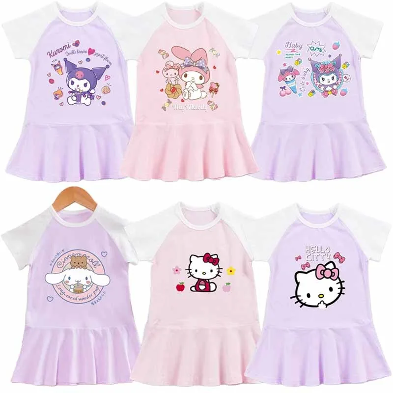 

Sanrios Cinnamoroll My Melody Kuromi HelloKittys Детские платья с коротким рукавом юбка аниме мультфильм Милая Одежда для девочек платье