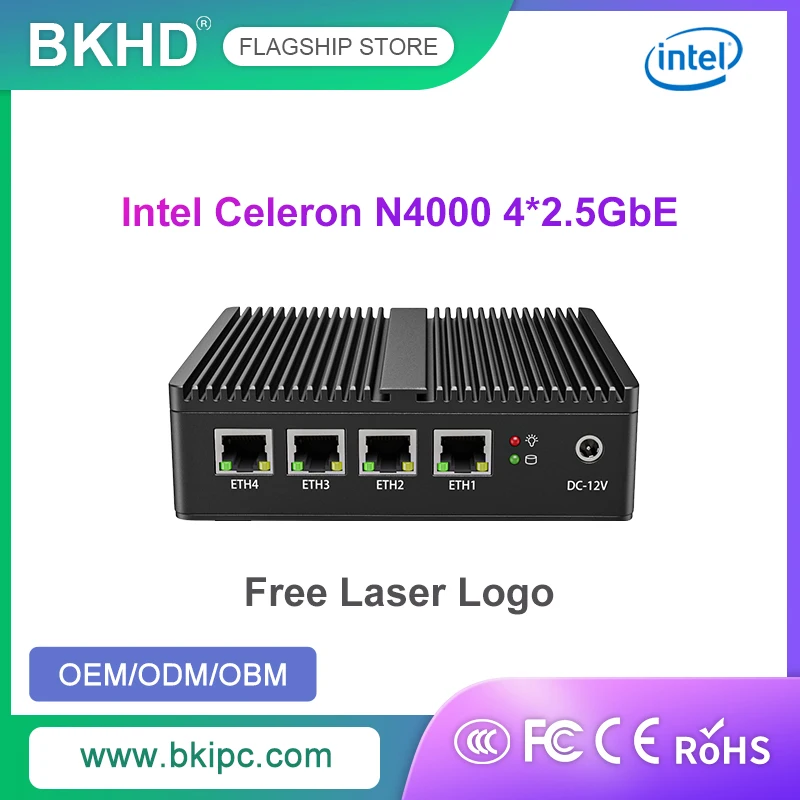 

BKHD Mini PC Fanless Intel Celeron N4000, Appliance Firewall, OPNsense, 4 * LAN, 2.5G, I225, I226, Ethernet, PfSense, ESXI