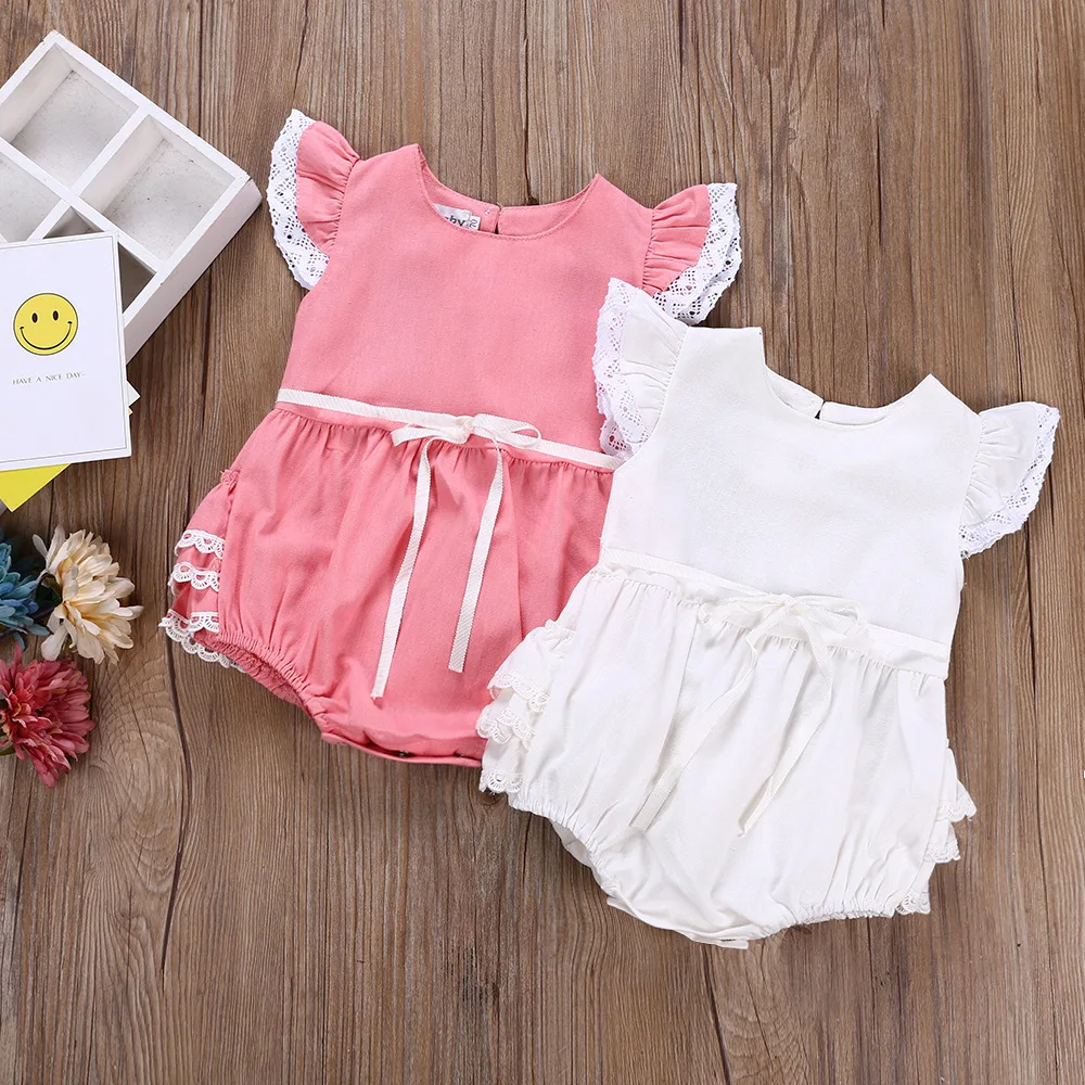 

Summer Baby Girl Bodysuit Fashion Linen Solid Jumpsuit Cotton Fly Sleeve Romper Back Ruffles Playsuit Baby Girl Clothes