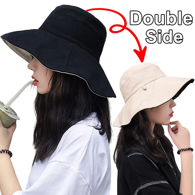 

Summer Sun Hat Double-sided Foldable Bucket Hat for Women Girls Fisherman Visor Cap Anti-UV Wide Brim Sunscreen Hats Cotton Caps