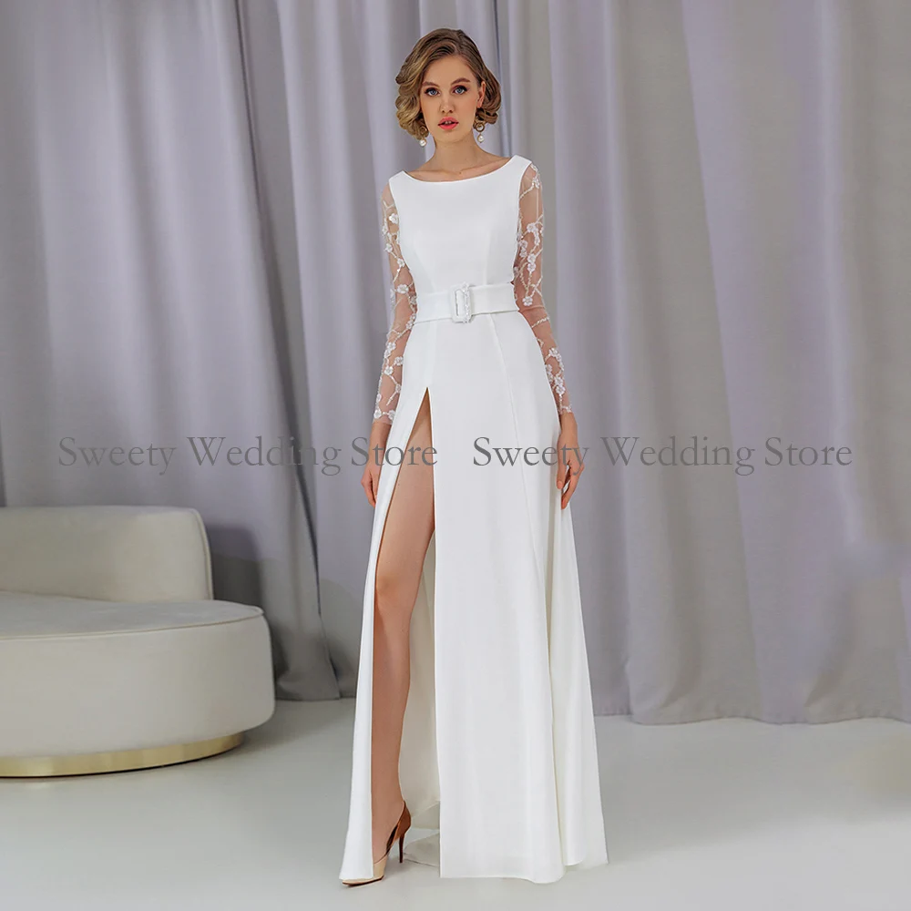Women Modern Bridal Gown Long Sleeves Scoop Neck Silver Lace Simple Wedding Open Back A Line High Slit Dress
Women Modern Bridal Gown Long Sleeves Scoop Neck Silver Lace Simple Wedding Open Back A Line High Slit Dress