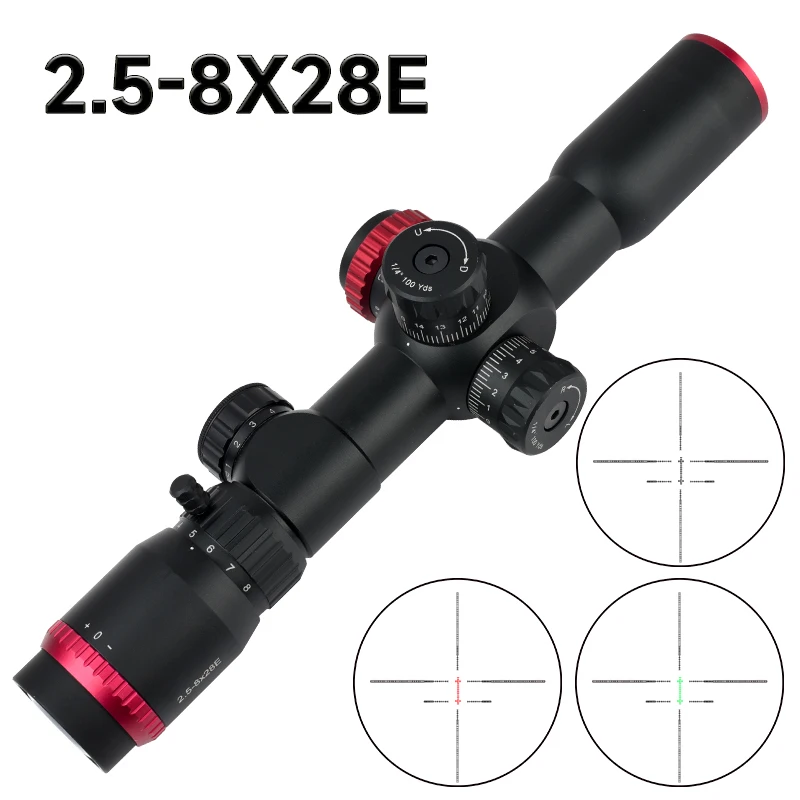 

2.5-8x28E Rifle Scope FFP Double Cross Reticle Hunting Scope Red/Green with Illuminated Optics Airsoft Spotting Sight 11/20mm