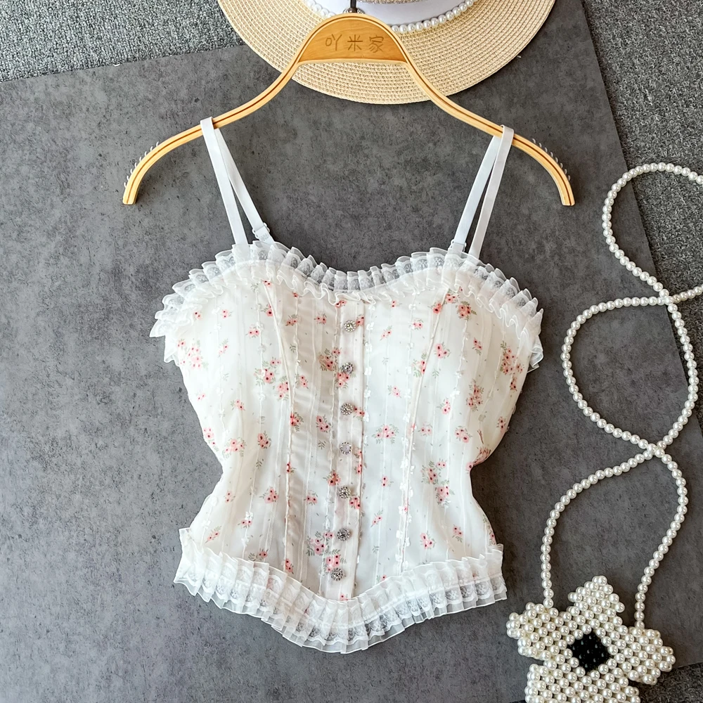 Women Lace Print Cute Camis Single Breasted Slash Neck Tank Top With Chest Pad Corset Summer Backless Fold Slim Floral Tube Tops
Women Lace Print Cute Camis Single Breasted Slash Neck Tank Top With Chest Pad Corset Summer Backless Fold Slim Floral Tube Tops