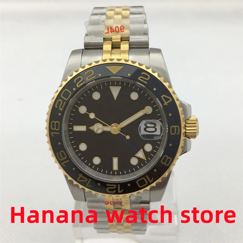 

BLIGER 40mm NH34 GMT two-tone gold case Black Gold dial Ceramic bezel Automatic Men's Watch Sapphire Glass Jubilee Bracelet