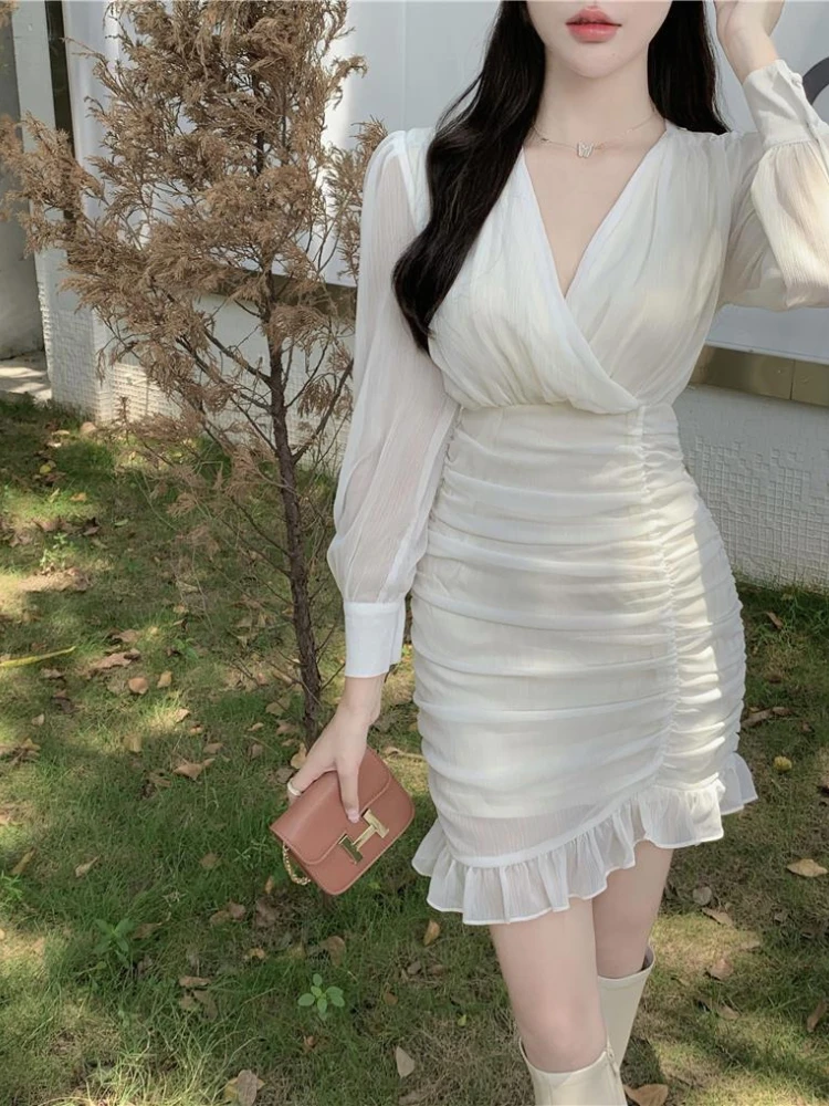 Deeptown Y2k Fairycore Mini White Tunic Dress Women Korean Style Sexy Ruffles Folds Long Sleeve Bodycone Chiffon Dresses Autumn 
Deeptown Y2k Fairycore Mini White Tunic Dress Women Korean Style Sexy Ruffles Folds Long Sleeve Bodycone Chiffon Dresses Autumn