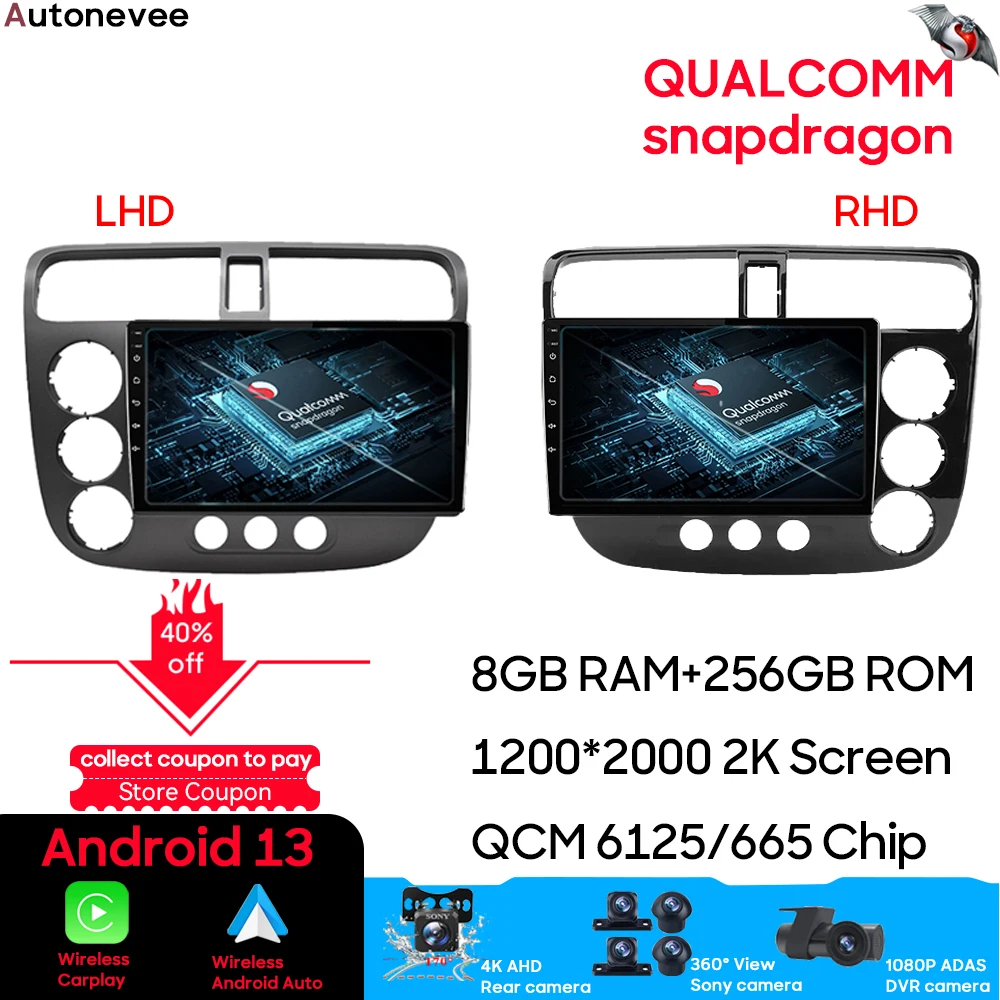 Qualcomm For Honda Civic 2000 - 2006 LHD RHD Android Auto Car Radio Multimedia Video Player GPS Navigation Carplay DSP 5G Wifi
Qualcomm For Honda Civic 2000 - 2006 LHD RHD Android Auto Car Radio Multimedia Video Player GPS Navigation Carplay DSP 5G Wifi