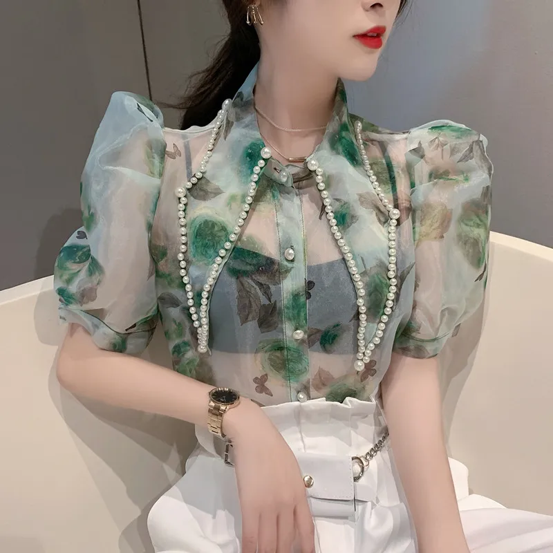 Bead Turn-Down Collar Hubble-bubble Sleeve Female Gauze Shirts Fashion Printing Woman Chiffon Blouses Thin Office Lady Tops Cute
Bead Turn-Down Collar Hubble-bubble Sleeve Female Gauze Shirts Fashion Printing Woman Chiffon Blouses Thin Office Lady Tops Cute