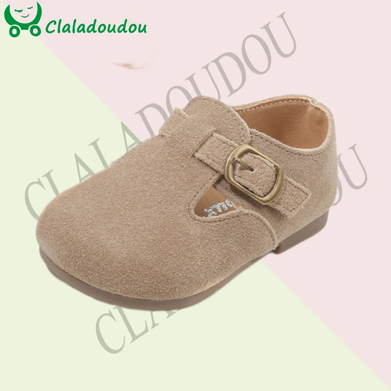 

Claladoudou Genuine Leather Toddler Dress Shoes Solid Khaki Suede Baby Girls First Birthday Flats Shoes Infant Strap Walkers