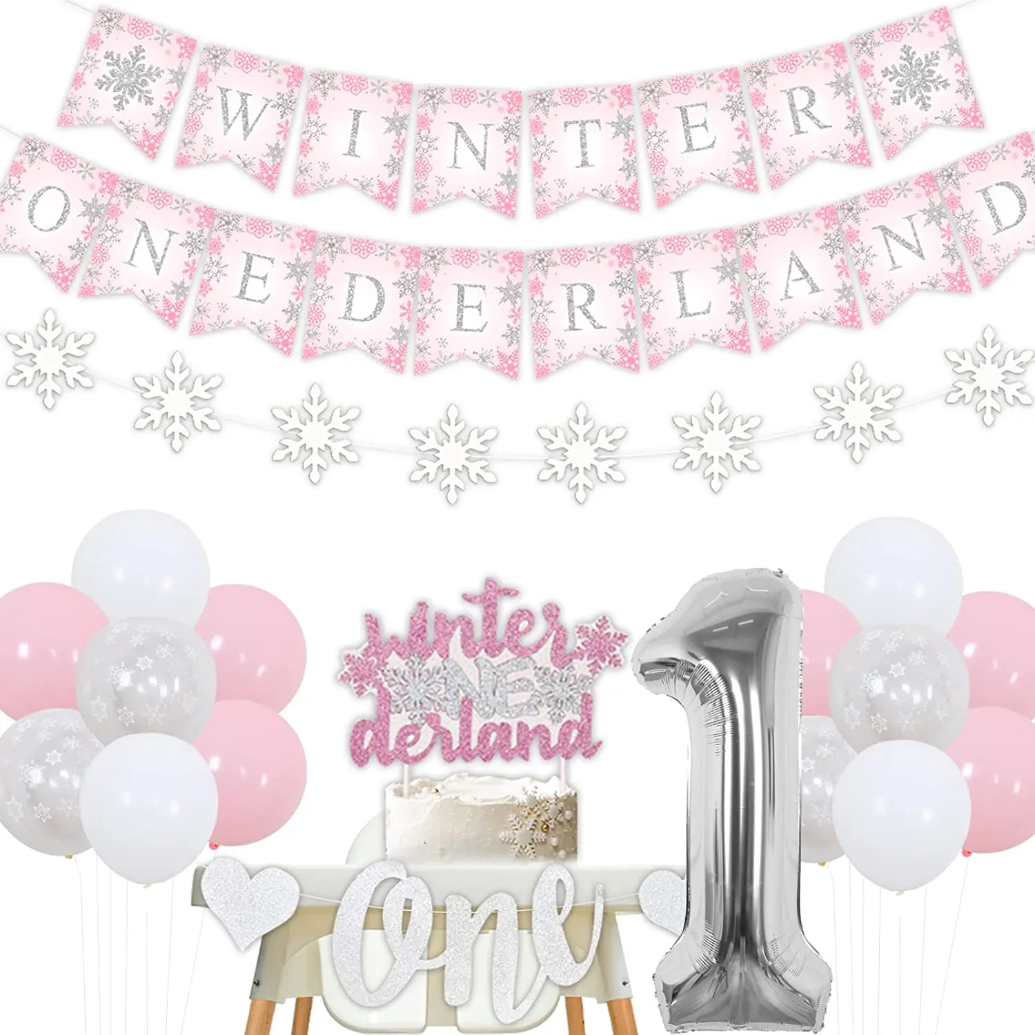 

Cheereveal Winter Onederland 1st Birthday Party Decorations for Girl Pink Snowflake Themed Balloons Banner Garland Cake Topper