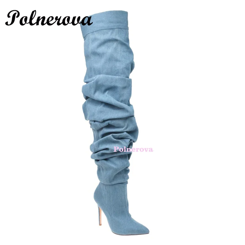 

Pointed-Toe Denim Stiletto Over-The-Knee Boots Women's Seasons All-Match Folds Elastic High-Heeled Sleeve Fashion Boots New