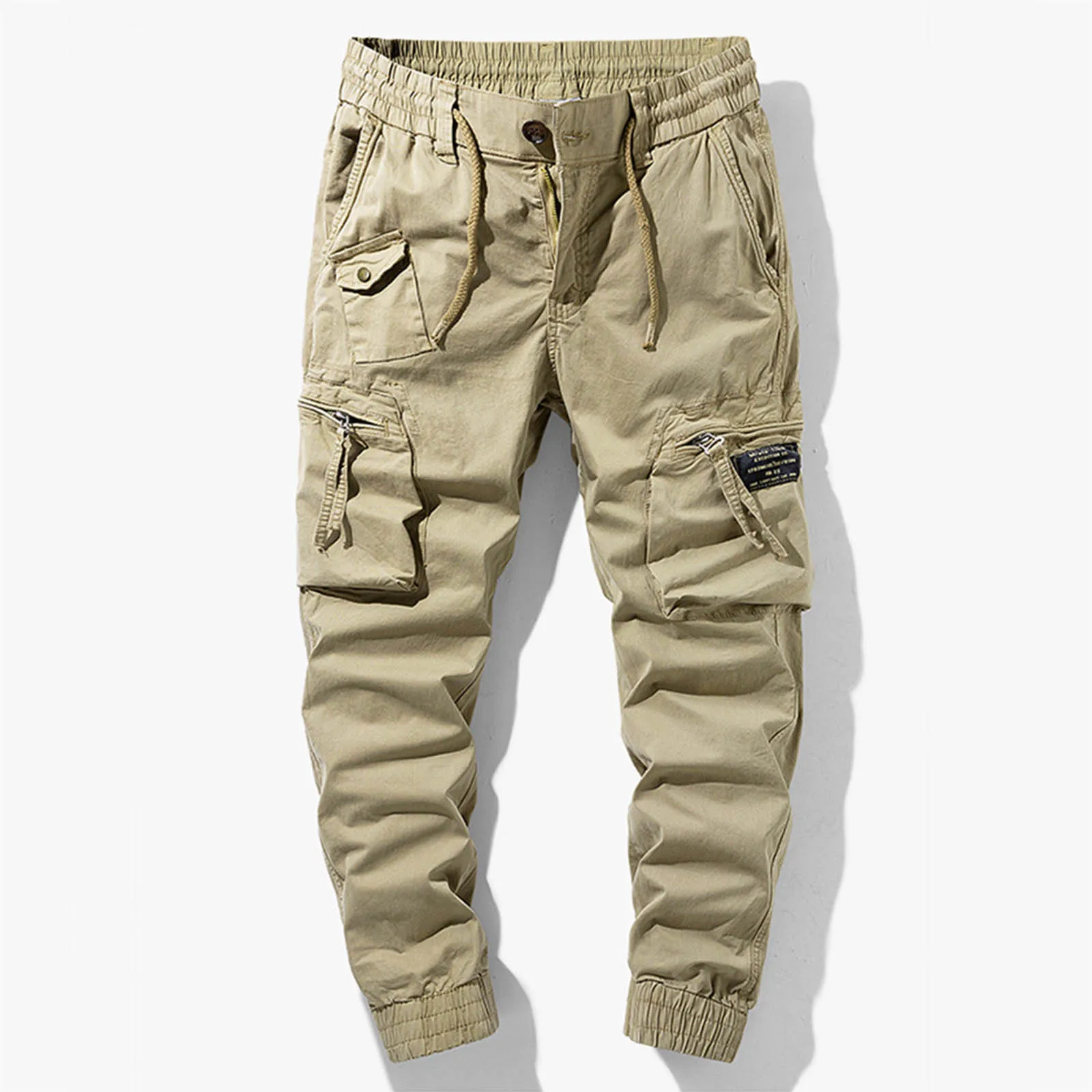 

Mens Fashionable Cargo Pants Solid Color Multiple Pockets Joggers Pure Cotton Binding Feet Elastic Waist Trousers Casual Pants
