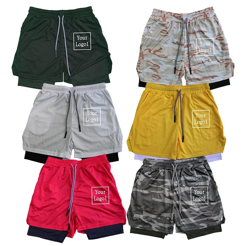 

Мужские двухслойные шорты для фитнеса с логотипом на заказ, сетчатая подкладка на шнурке, эластичный пояс, дышащие пляжные летние