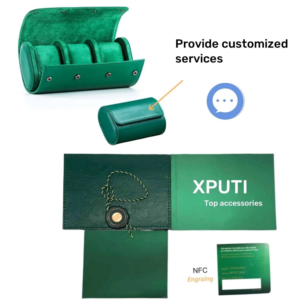 

Green Watch Roll Box Top Quality Custom Watch Accessories Warranty Engraved Card with NFC UV Serial Book Tag for Rlx-Man Gift