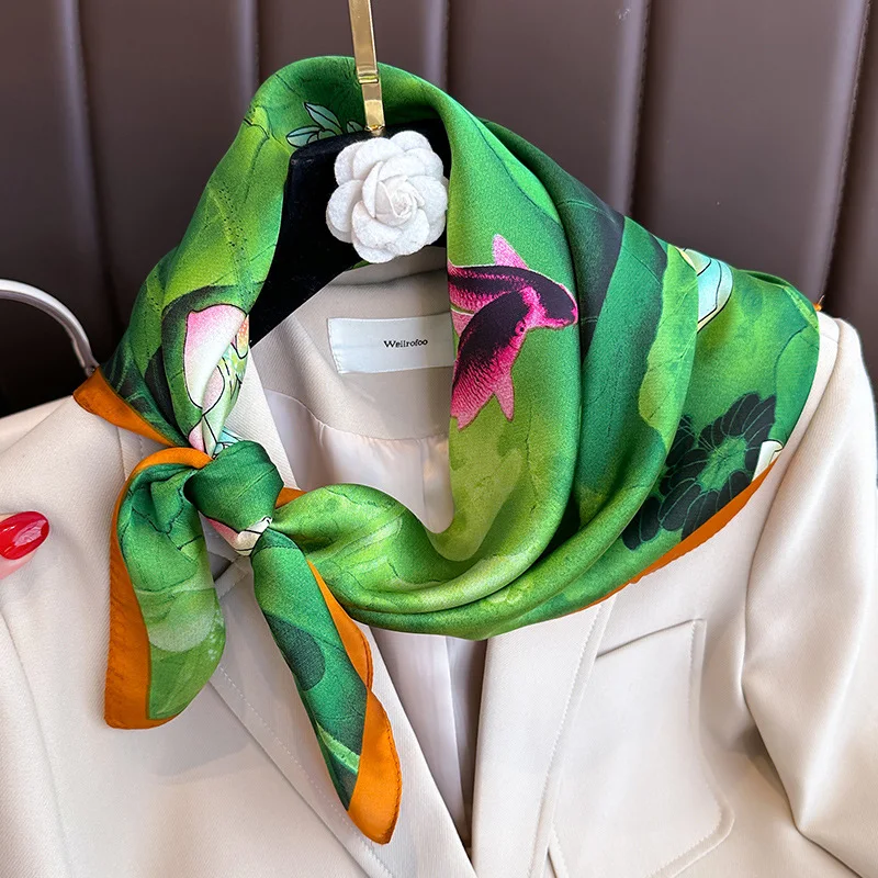 

Fashion Women 70X70CM Headscarf The Four Seasons Muslim Kerchief Sunscreen Silk Scarves Square Muffler Luxury Brand Beach Shawls