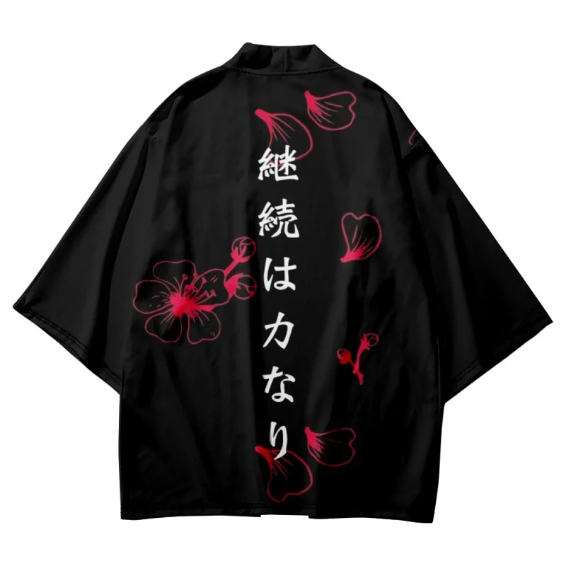 

Black Traditional Cardigan Haori Kimono Asian Clothing Flower Print Hawaiian Shirt Women Men Japanese Beach Oversized Yukata 6XL