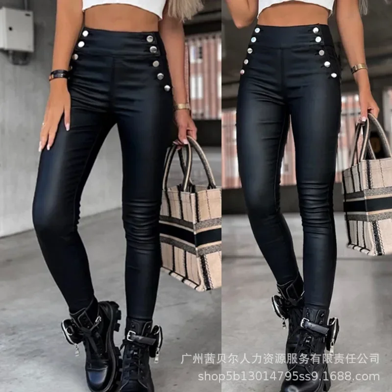 

Women's Pants Autumn New Black Metal Buckle Trimmed High-waisted Skinny Leather Pants for Women