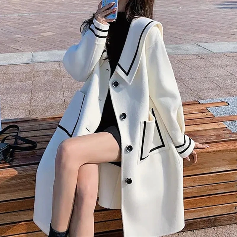 

Ladies Overcoats 2023 Winter New White Blends Women Sailor Collar Sweet Girls Female Korean Elegant thick Woolen Coats