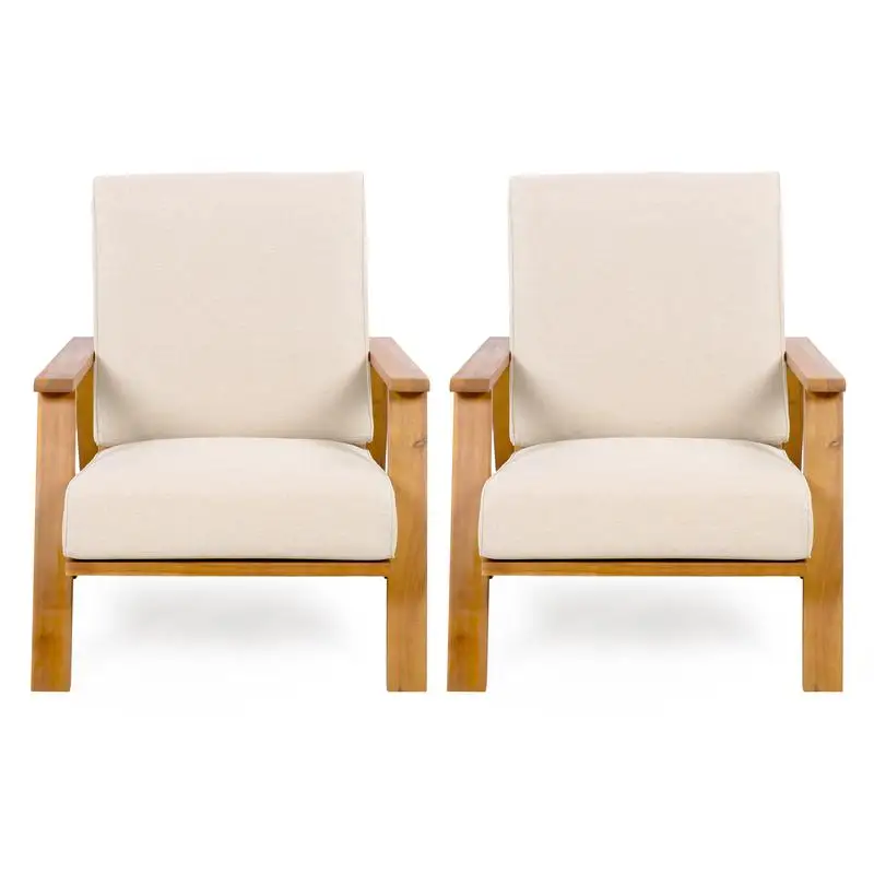 Set of 2 Outdoor Club Chairs with Beige Cushions and Teak Acacia Wood Frame for Patio Lounge Set of 2 Outdoor Club Chairs with Beige Cushions and Teak Acacia Wood Frame for Patio Lounge