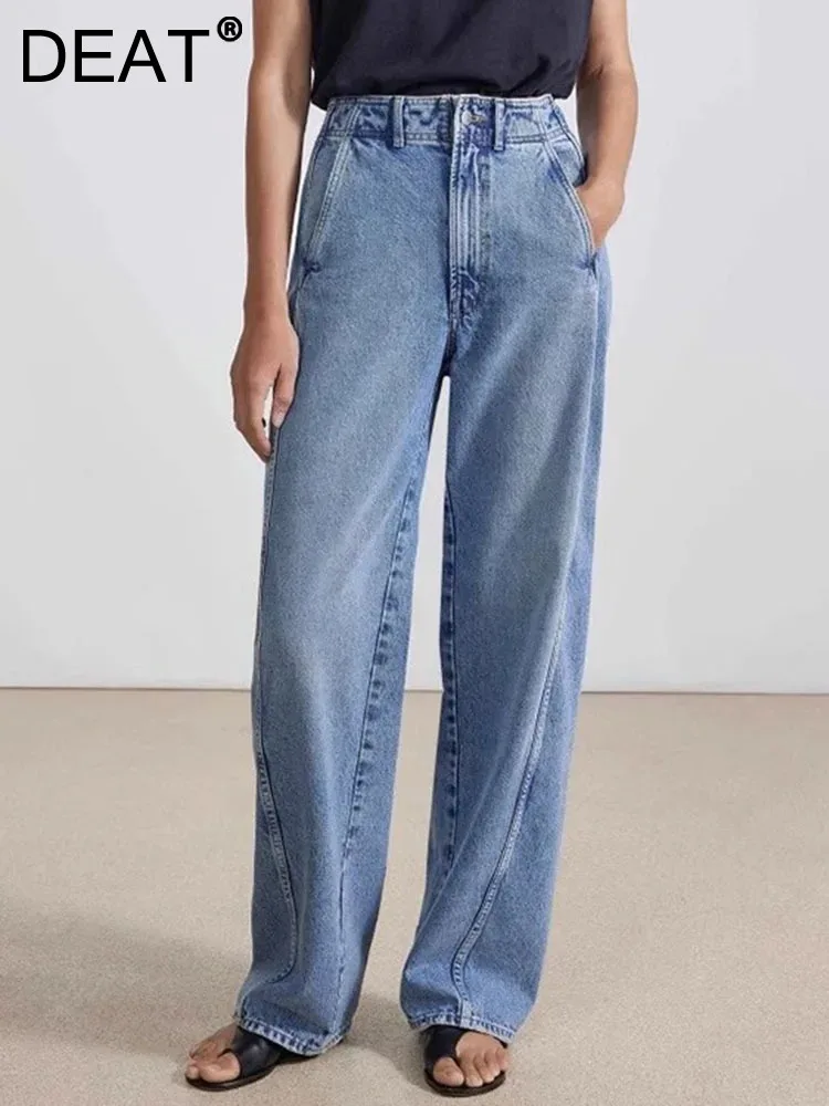 

DEAT Fashion Women's High Waisted Curved Jeans Long Solid Color Casual Loose Zipper Straight-leg Denim Pants Spring 2024 New