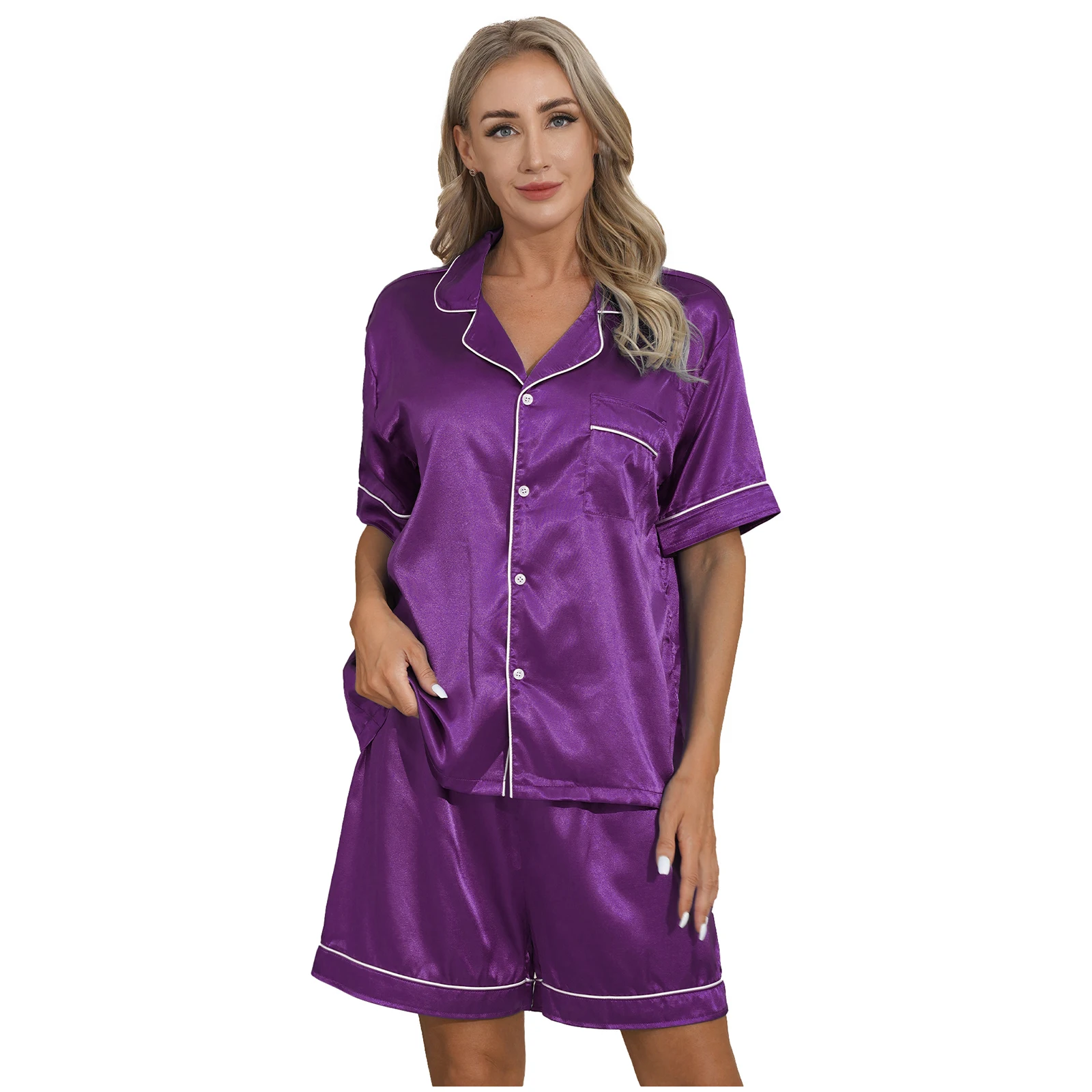 Womens Silky Satin Pajamas Set Female Pijama Homewear Suit Button Down Shirt Top with Boxer Shorts Sleepwear Loungewear
Womens Silky Satin Pajamas Set Female Pijama Homewear Suit Button Down Shirt Top with Boxer Shorts Sleepwear Loungewear