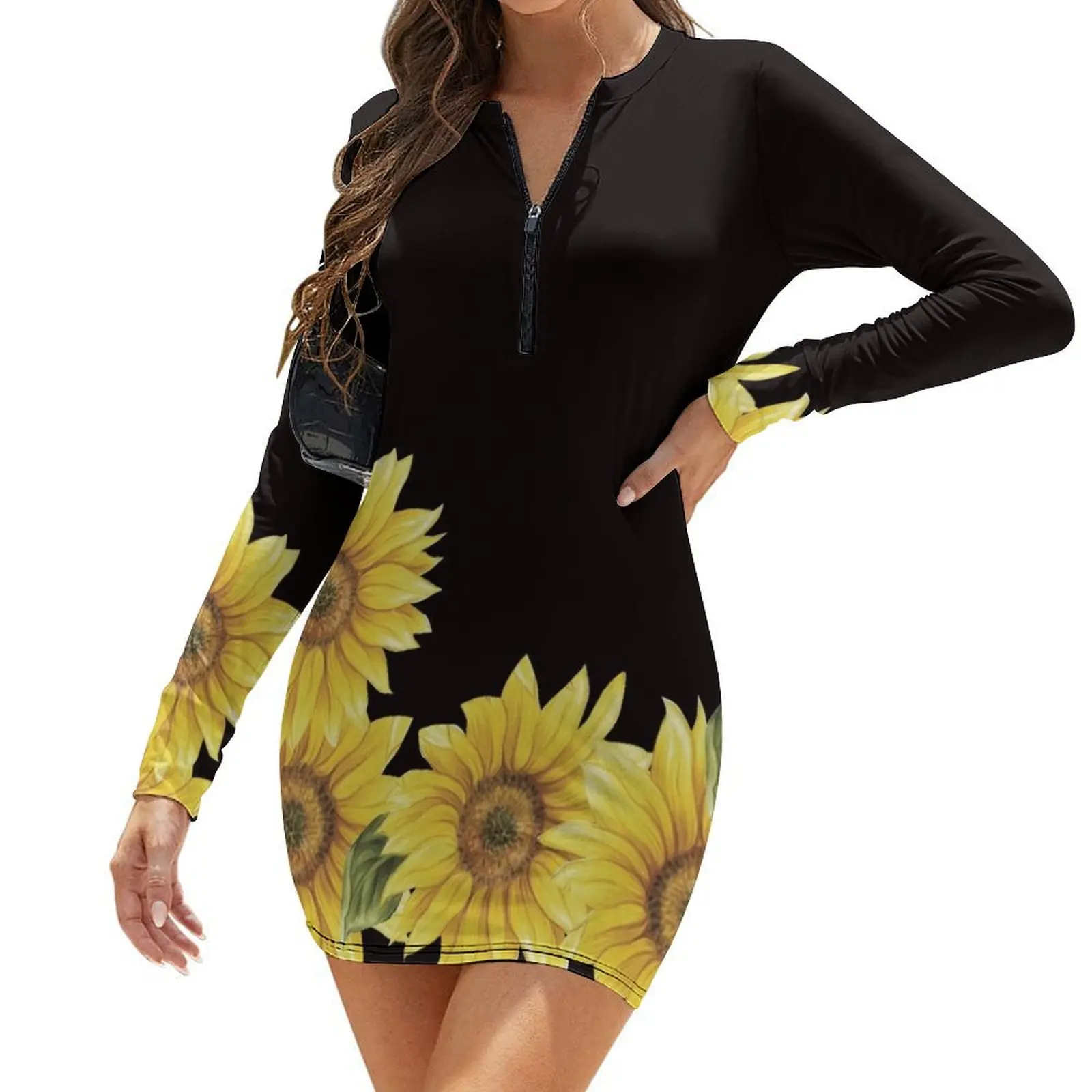 SUNFLOWERS ON BLACK Long-Sleeve Bodycon Dress dresses summer Female clothing women dress 
SUNFLOWERS ON BLACK Long-Sleeve Bodycon Dress dresses summer Female clothing women dress