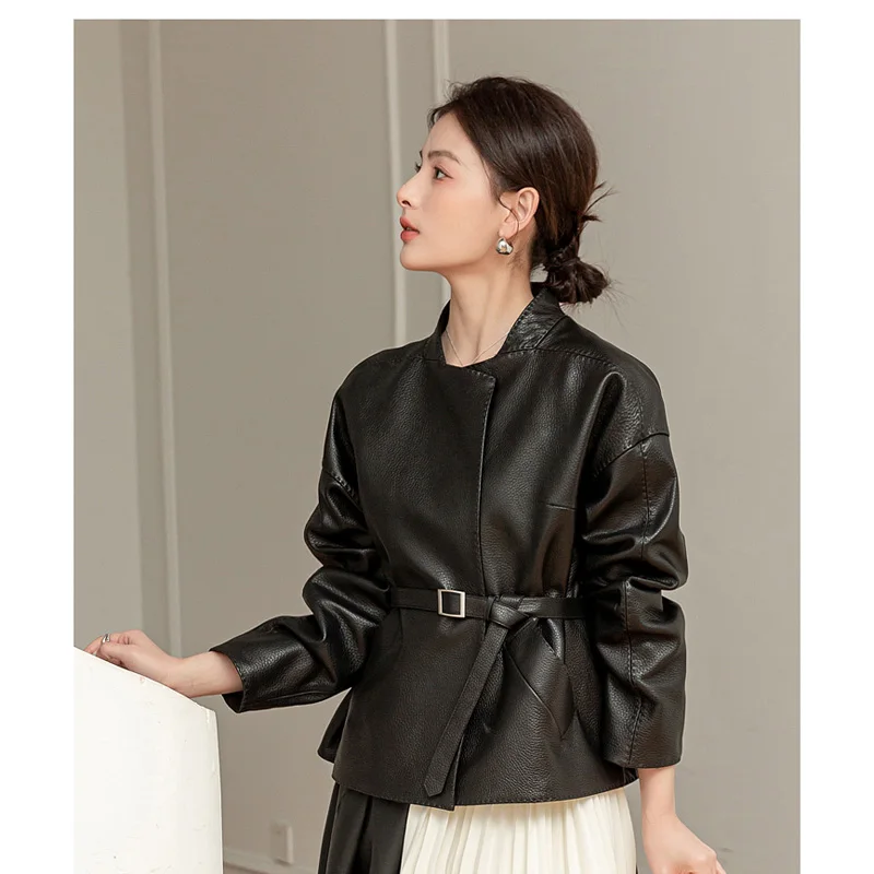 Office Lady Women Clothing Elegant Female Genuine Leather Coat Round Neck Pleated Belt Jackets Streetwear Black
Office Lady Women Clothing Elegant Female Genuine Leather Coat Round Neck Pleated Belt Jackets Streetwear Black