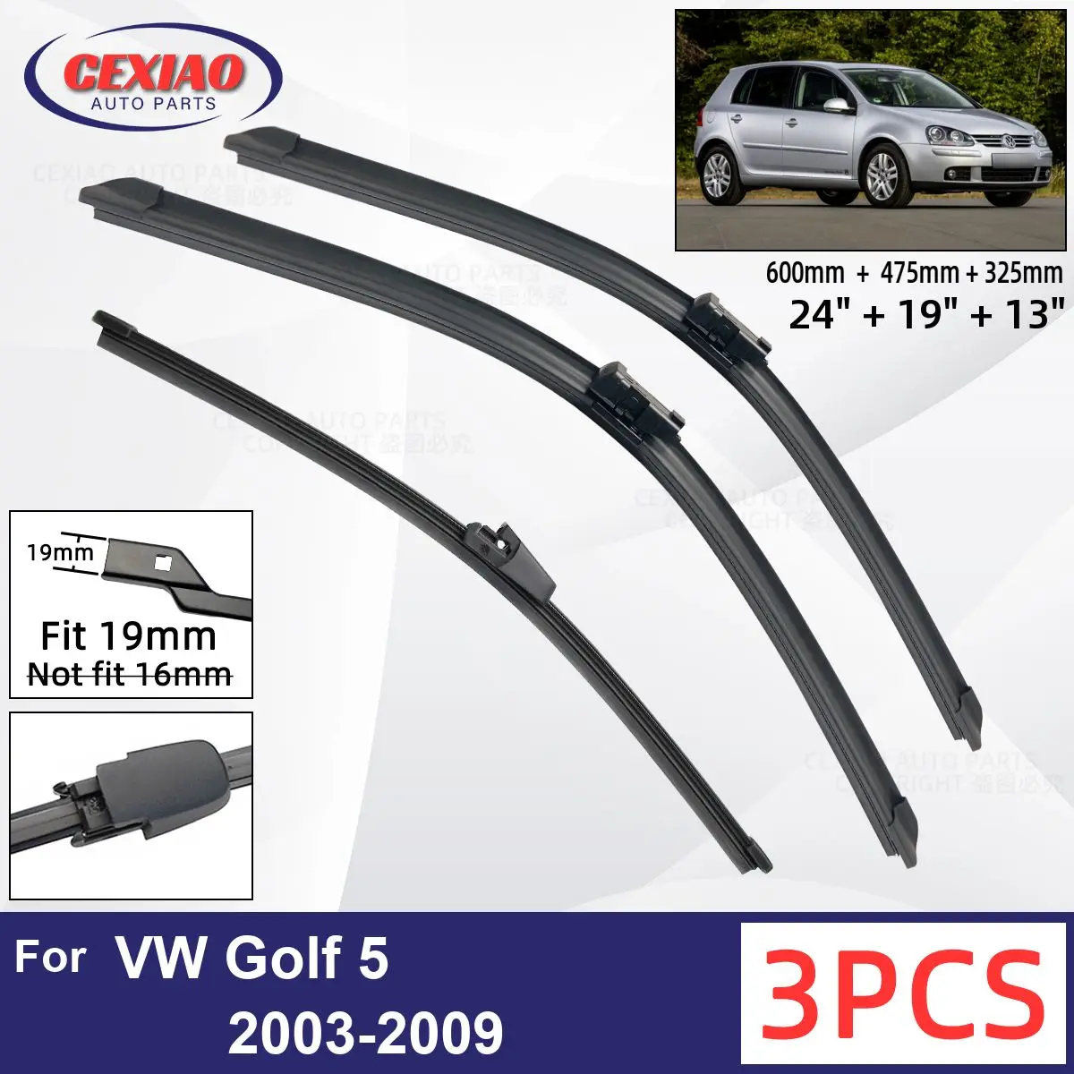 

For VW Golf 5 2003-2009 Car Front Rear Wiper Blades Soft Rubber Windscreen Wipers Auto Windshield 24"19"13" 2005 2006 2007 2008