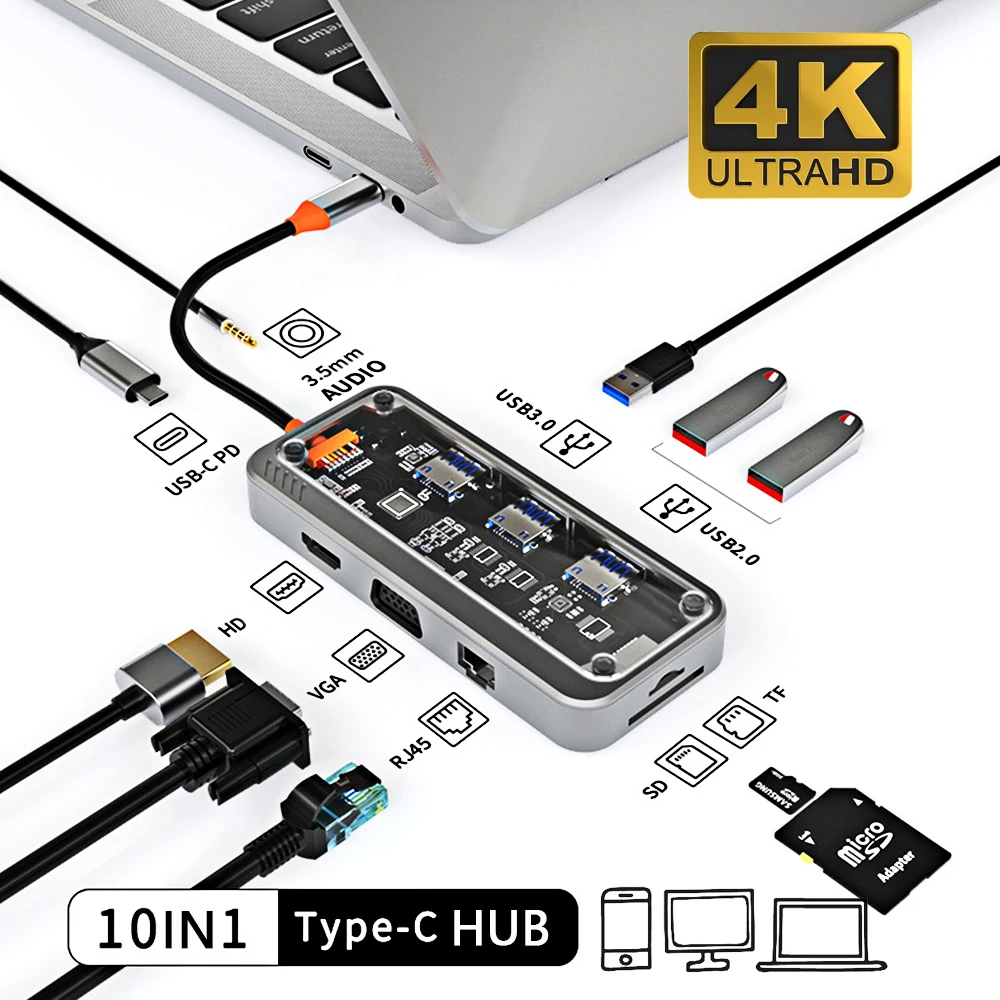 Nku USB C 10in1 Dock Station 3.5mm Audio USB 3.0 2.0 Splitter Card Reader VGA HDMI-Compatible RJ45 100M HUB for Macbook Laptop
Nku USB C 10in1 Dock Station 3.5mm Audio USB 3.0 2.0 Splitter Card Reader VGA HDMI-Compatible RJ45 100M HUB for Macbook Laptop