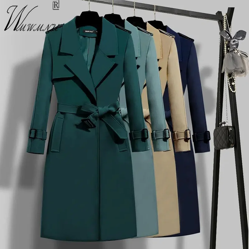 

Elegant Belt Long Trench Coat Women 2023 Spring One Button Lined Slim Luxury Gabardina Office Lady Turndown Collar Fall Overcoat